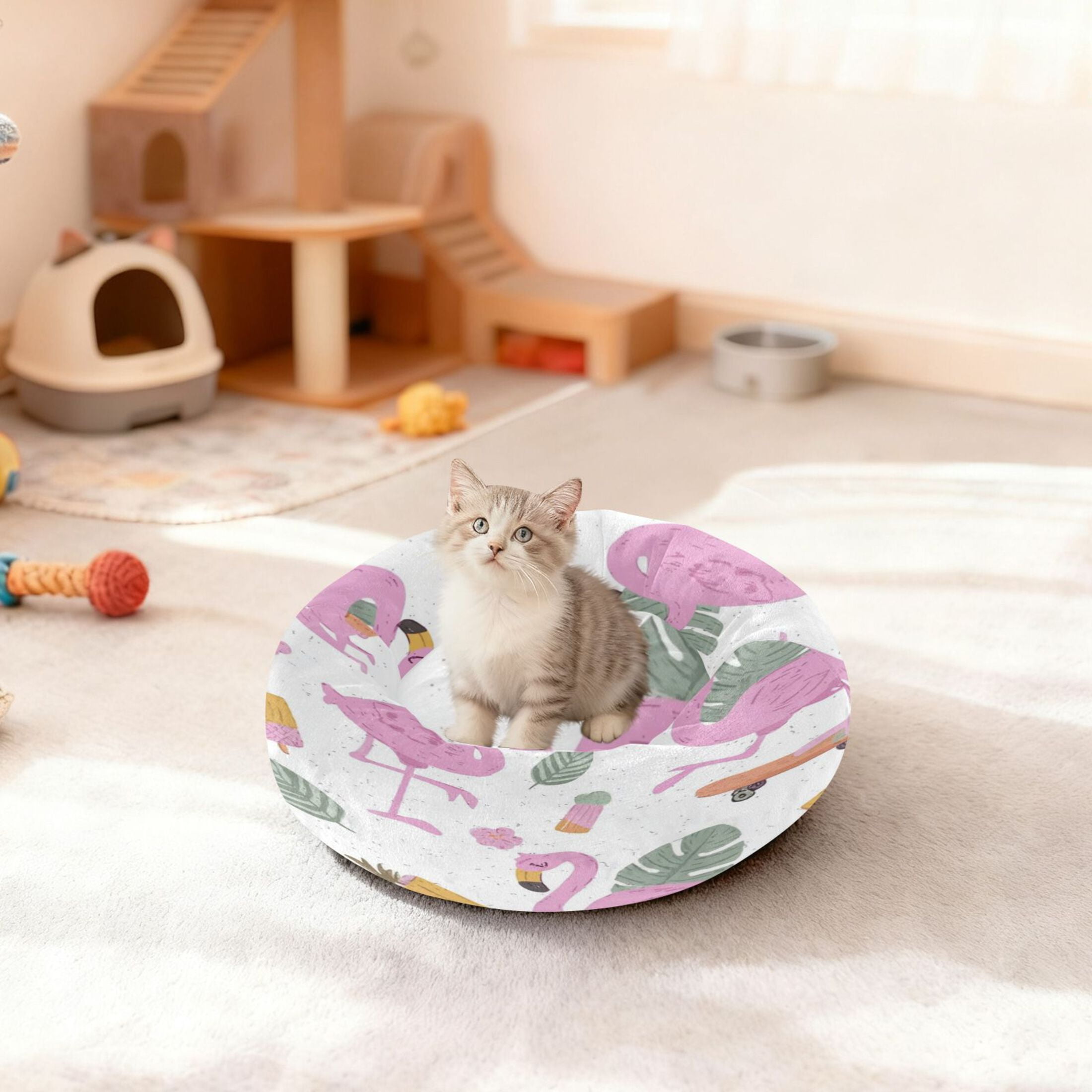 Iauyy Pet Couch Donut Cat Bed for Indoor Cats/Small Dogs Washable & Machine with Non-slip Bottom Calming Cat Furniture, Around Tropical Leaves and Flowers (S)