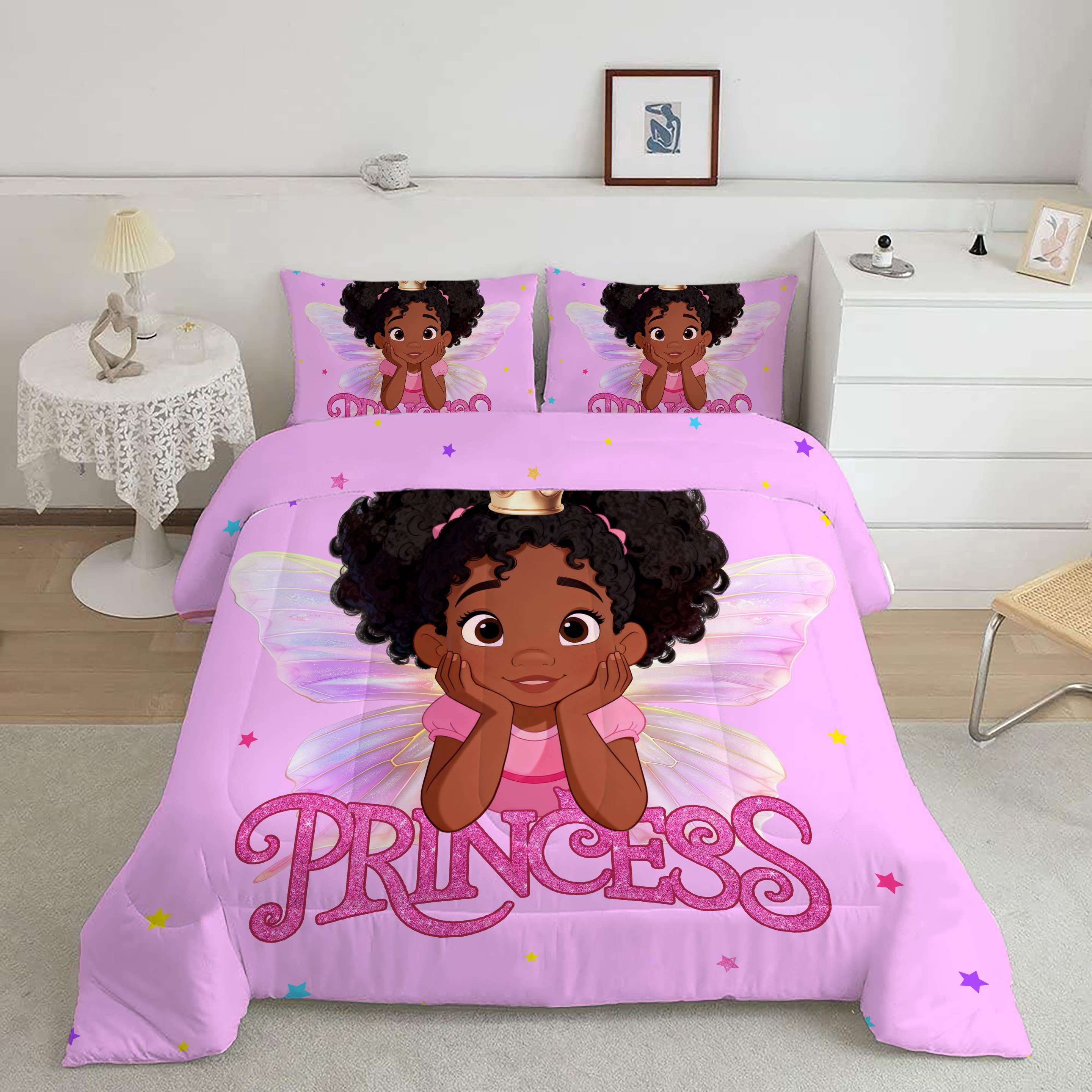 Black Girl Comforter Sets Twin Size Princess with Wings Bedding Set,Pink Purple Stars Glitter African American Comforter Set for Kids Girls 3pcs