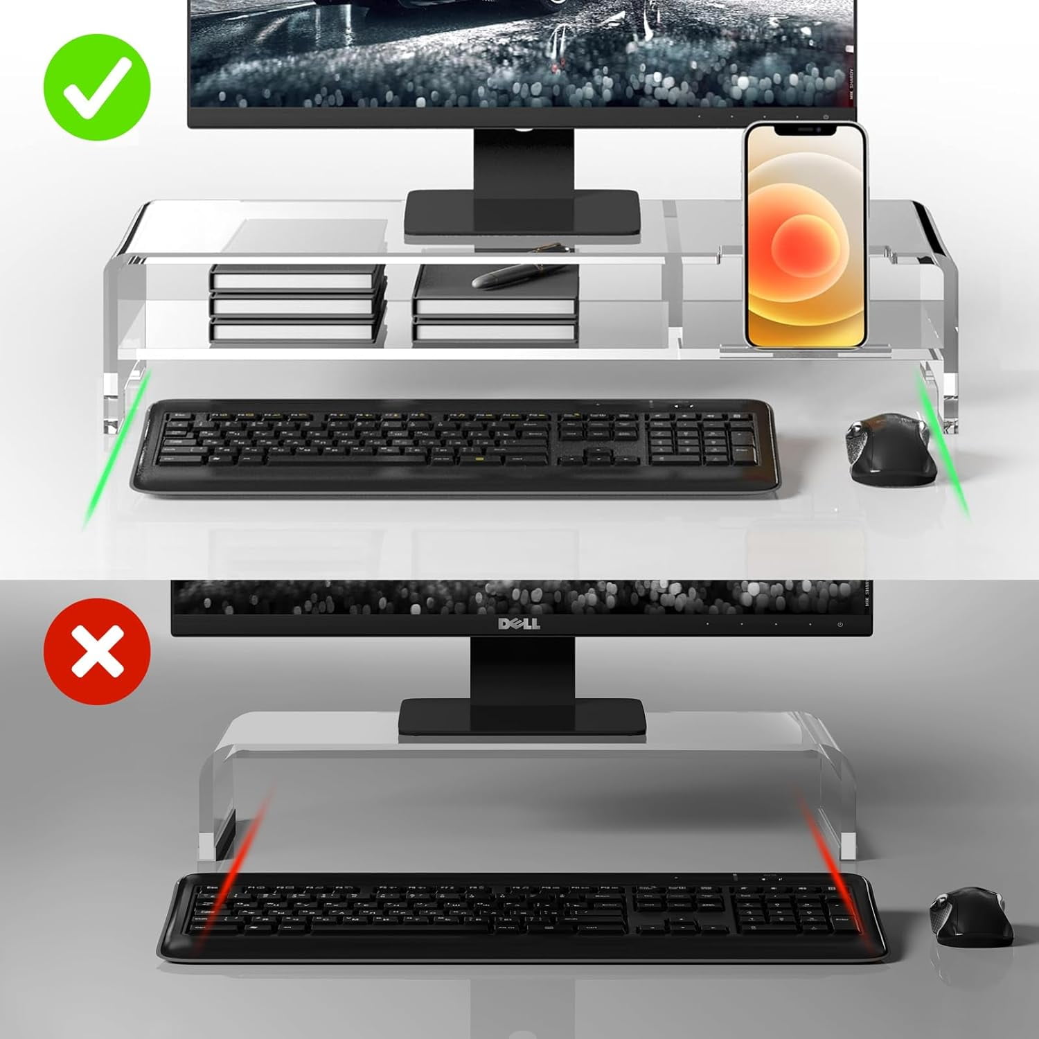 Acrylic Monitor Stand for Full Keyboard, 20" Wide 2-Tier Riser with Storage Shelf and Phone Holder, Desktop Organizer for Laptop, Printer, Screen (Clear)