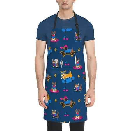 

Tebeau Dogs Riding Skateboard Print Waterproof Cooking Aprons Adjustable Bib Soft Chef Apron with 2 Pockets for Men Women