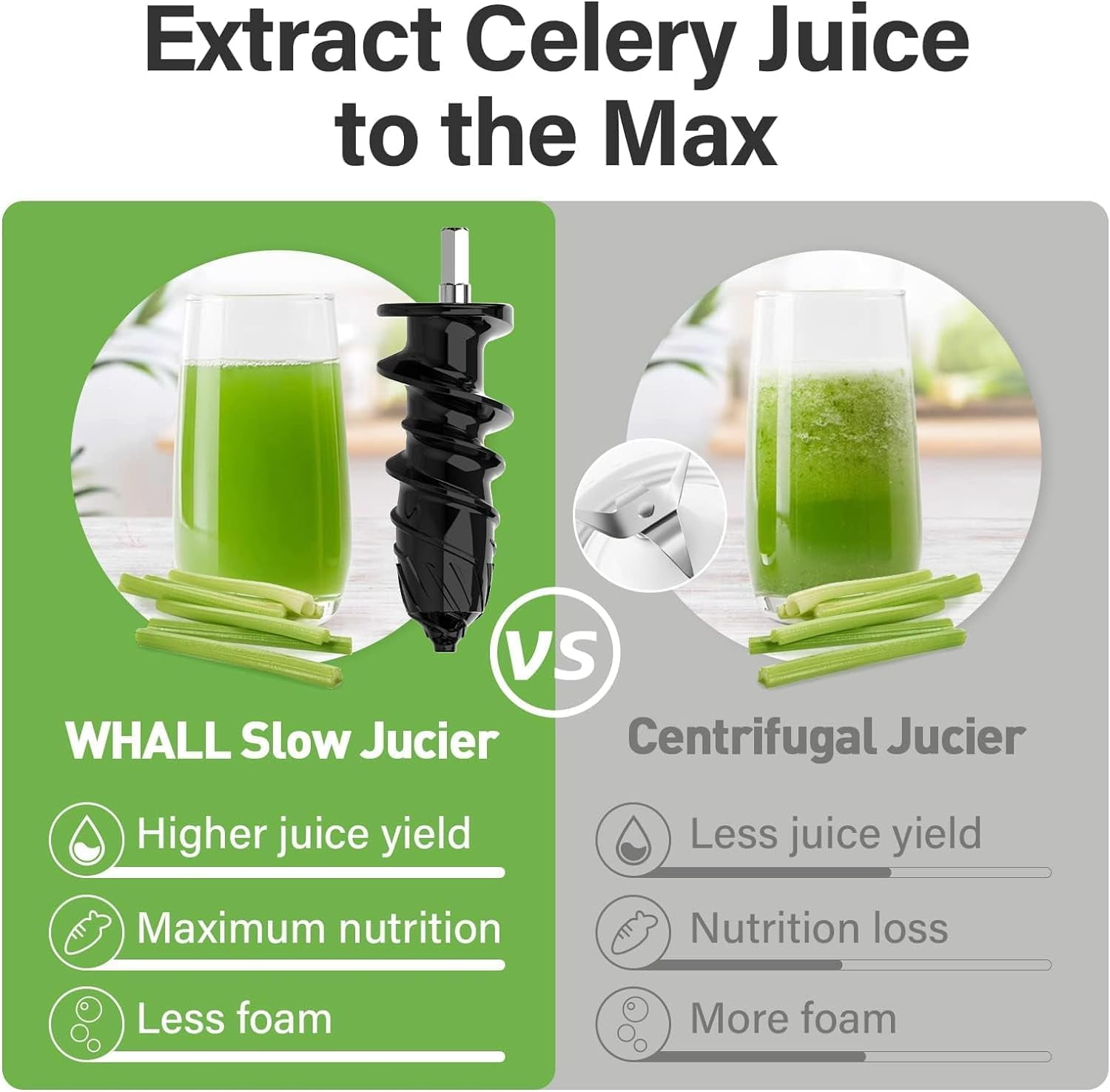 WHALL Masticating Slow Juicer, Grey - 2 Speed Modes, Touchscreen Control, Easy Clean, Cold Press Juicer for Fruits and Vegetables