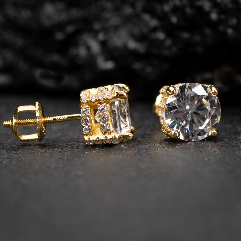 Men Women Classic Yellow Gold Plated 925 Sterling Silver Fully Iced Cz Round Solitaire Stud Earrings Screw Back Stud Circle Earrings 9 Millimeters Unisex Small Earring Studs