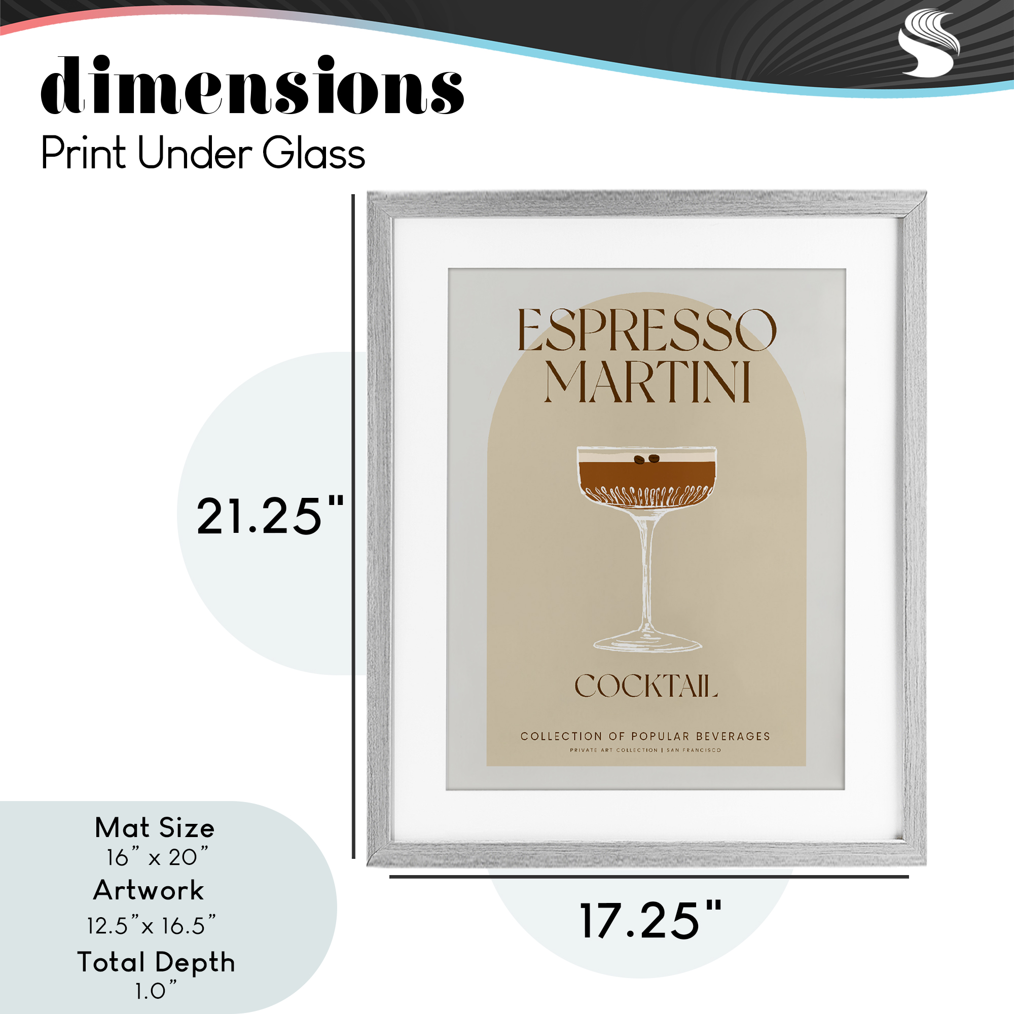 Stylish Retro Espresso Martini Gray Framed Print Under Glass, design by Lil' Rue