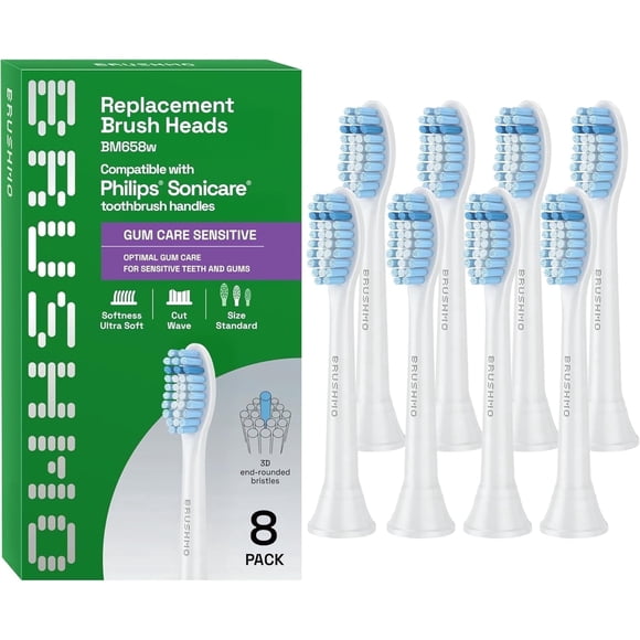 Brushmo Cabezales de Repuesto para el Cuidado de las Encías Sensibles, Compatibles con Mangos Philips Sonicare Click-on, Cerdas Suaves para Dientes Sensibles, BM658, Paquete de 8, Blanco.