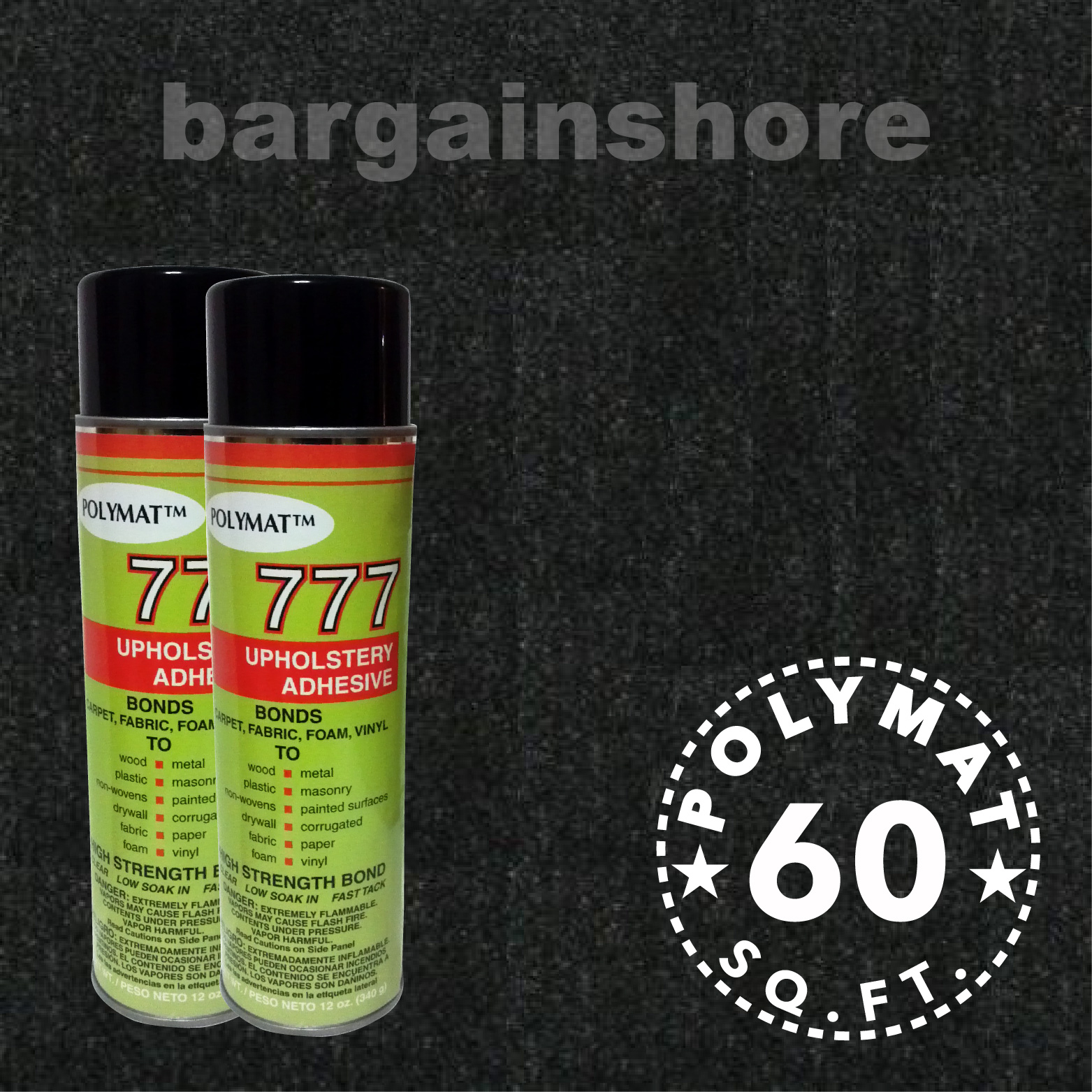 16FT x 3.75FT BLACK SPEAKER BOX CARPET + 2 CANS 777 SPRAY GLUE ADHESIVE