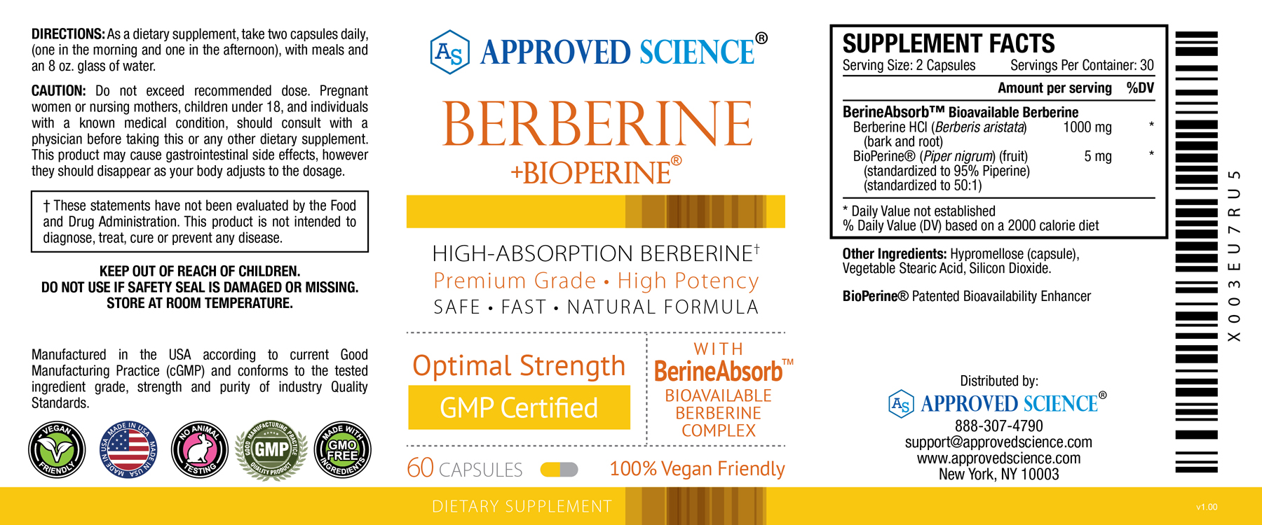 Approved Science Berberine - with BioPerine - 1000 mg High Absorption Berberine - 60 Capsules - 1 Month Supply - Vegan