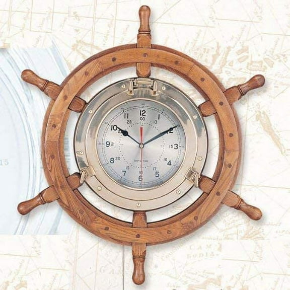 30" Wooden Ship Wheel (Solid Brass Polished Porthole Clock Mounted) - Numeric Silver Dial