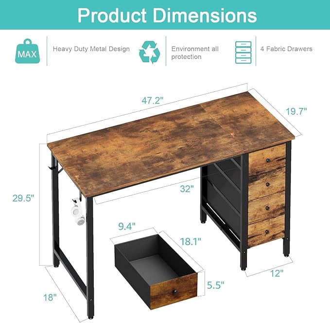 Lufeiya 47 inch Computer Desk with 4 Fabric Drawers, Writing Work Study Desk for Home Office Bedroom, Modern Simple Student PC Desks, Rustic Brown