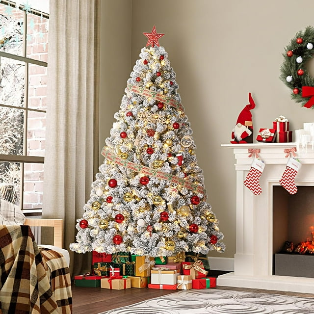 7.5Ft Artificial Christmas Tree, Snowy Flocked Green, 450 Warm White Lights, Quick Hinged Setup, Foldable Metal Base, Foot Pedal Control, Realistic Branch Tips, Indoor Seasonal Decor for Home, Office