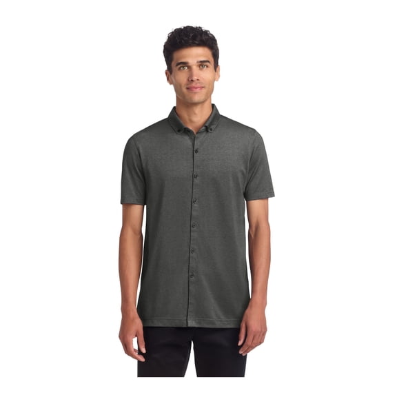 MERCER METTLE Unisex Stretch Pique Full-Button Polo | Button Down Collared Shirt for Men & Women, Business Casual Shirt - Anchor Grey Heather L
