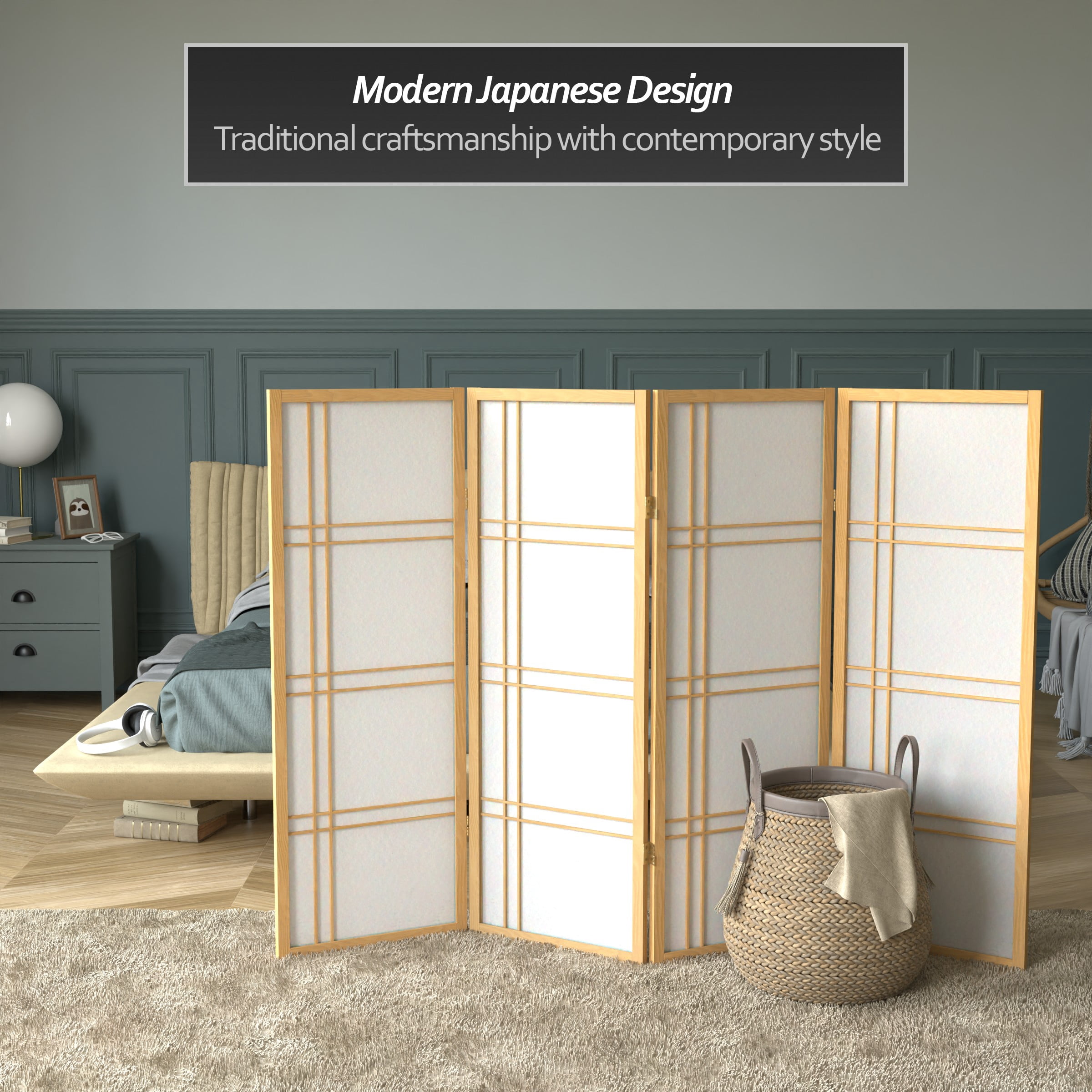 4 ft. Tall Japanese Design Double Cross Lattice Screen - Natural - 4 Panels