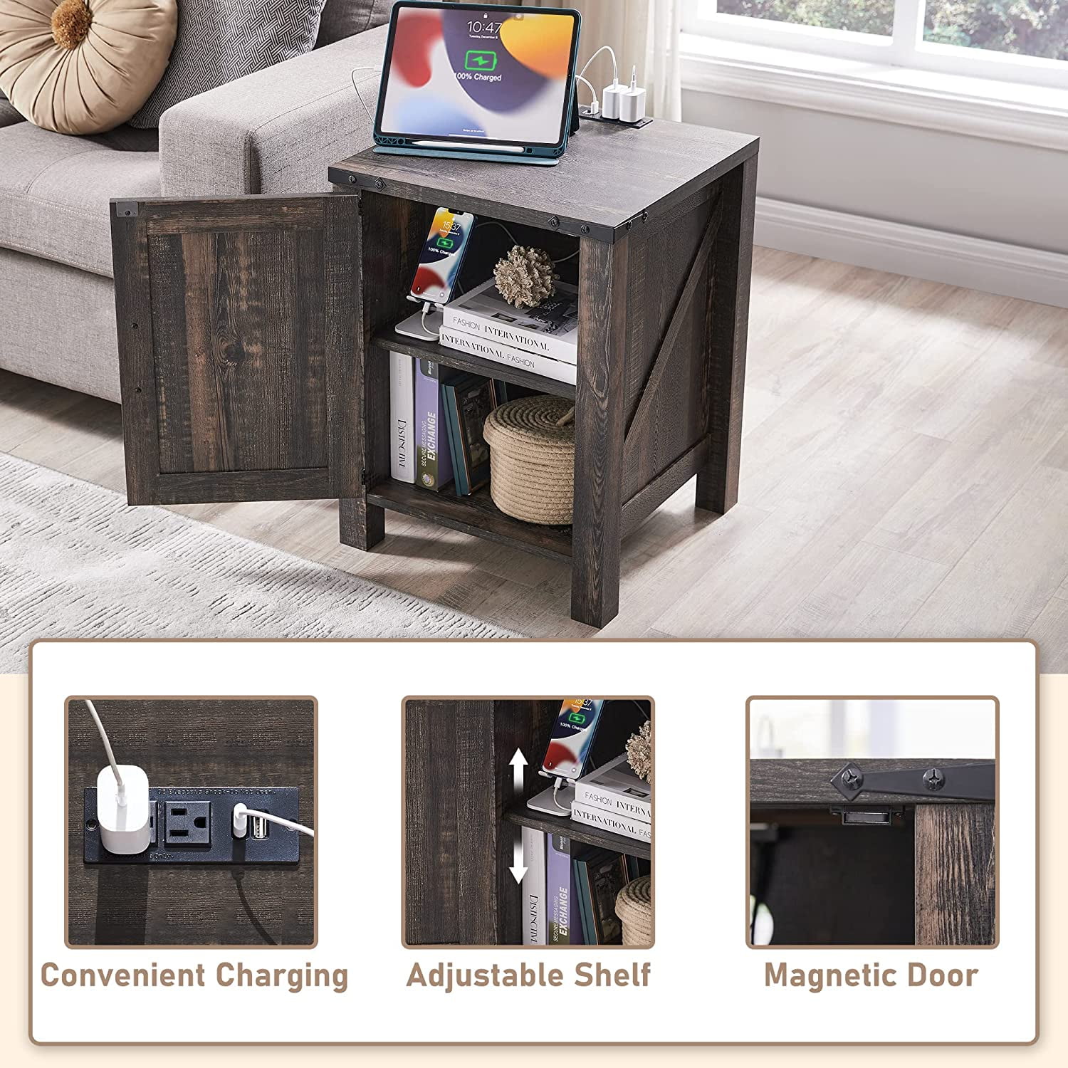 OKD End Table with Charging Station, Farmhouse Rustic Wood Side Table for Living Room, Bedroom, Dark Rustic Oak