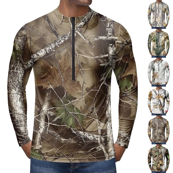 Realistic Tree Bark Camo Quarter Zip Pullover for Men, Long Sleeve Hunting Fishing Jersey with Moisture Wicking Quick Dry Fabric - Lightweight Outdoor Athletic Performance Tops Bronze L