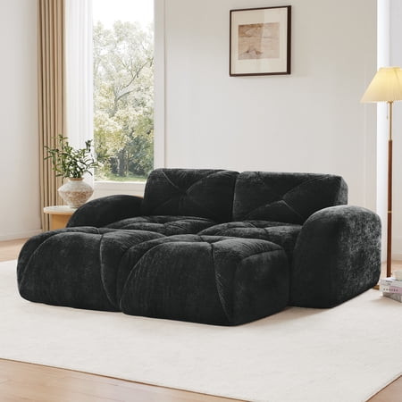 FFH 80" Cloud Loveseat, Sectional Sofa with Ottomans, Velvet Couches for Living Room, Black