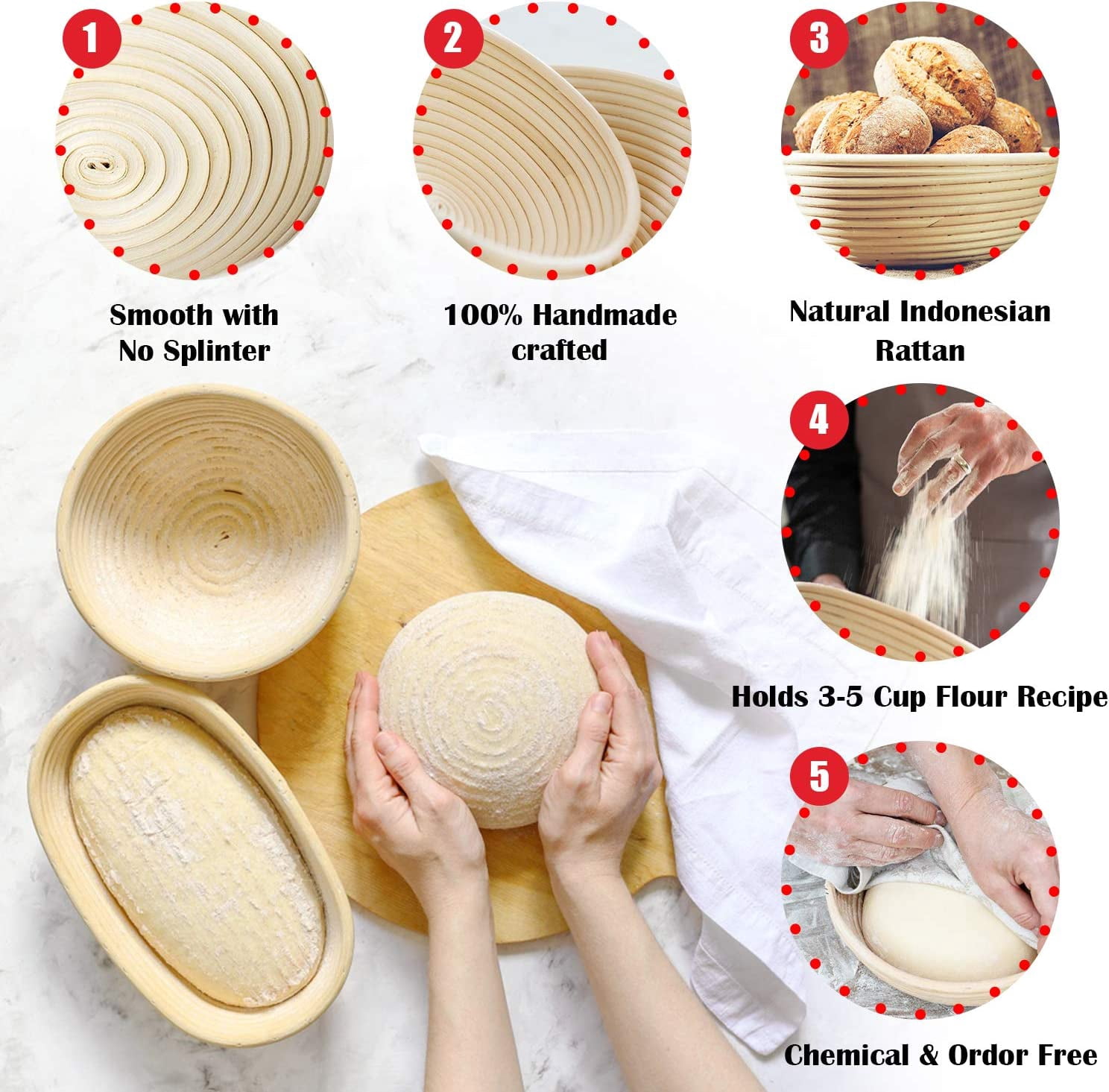 Simperf 17pcs Bread Proofing Basket Set, 9 inch Round & 10 inch Oval Natural Rattan Baskets for Making Baking Fermentation, Bread Making Tools Kit Banneton Proofing Basket