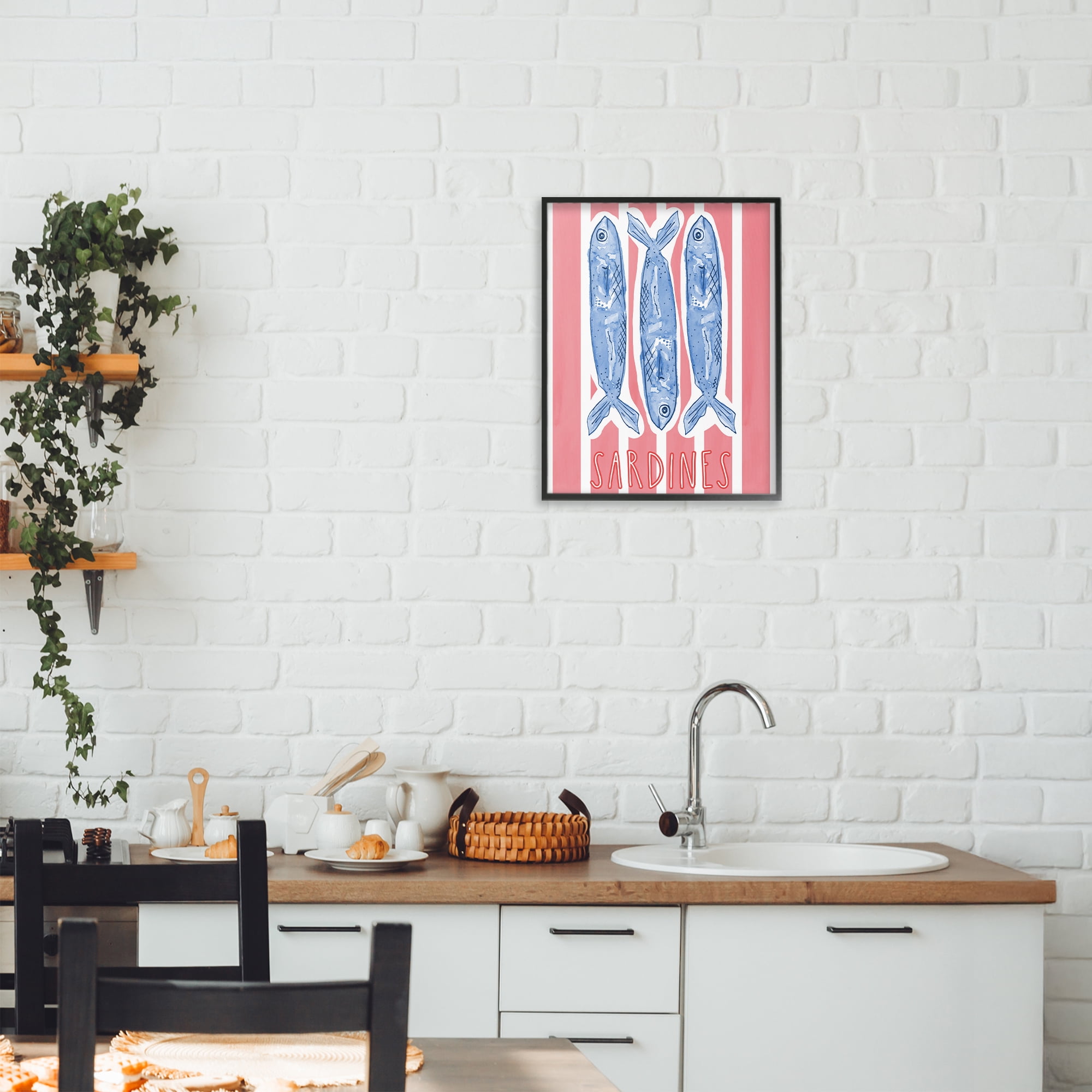 Stupell Industries Americana Sardines on Pink Stripes Black Framed Giclee Art, design by Nola James