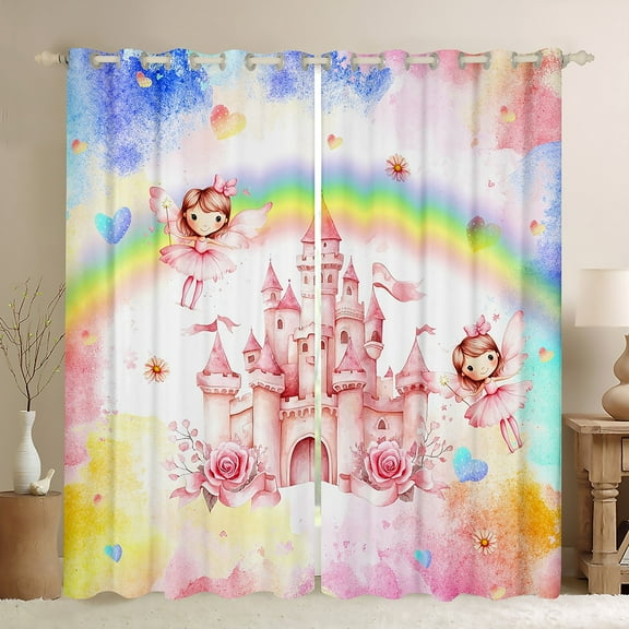 Homewish Dreamy Pink Castle Black Out Curtains for Girls, Kawaii Fairy Elf Curtains Pack of 2 (42x63 Each), Watercolor Rainbow Bedroom Curtains, Curtains and Drapes Decor