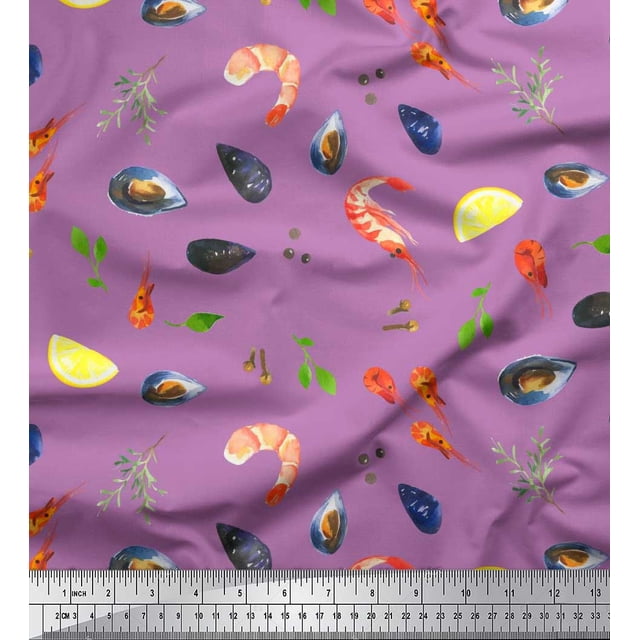 Soimoi Poly Georgette Fabric Gemstone,Lemon Slice & Prawns Food Print Fabric by Yard 52 Inch Wide