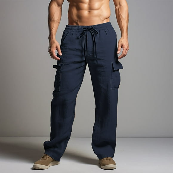 asjyhkr Mens Cotton Linen Pants Drawstring Elastic Breathable Casual Sweatpants with Pockets