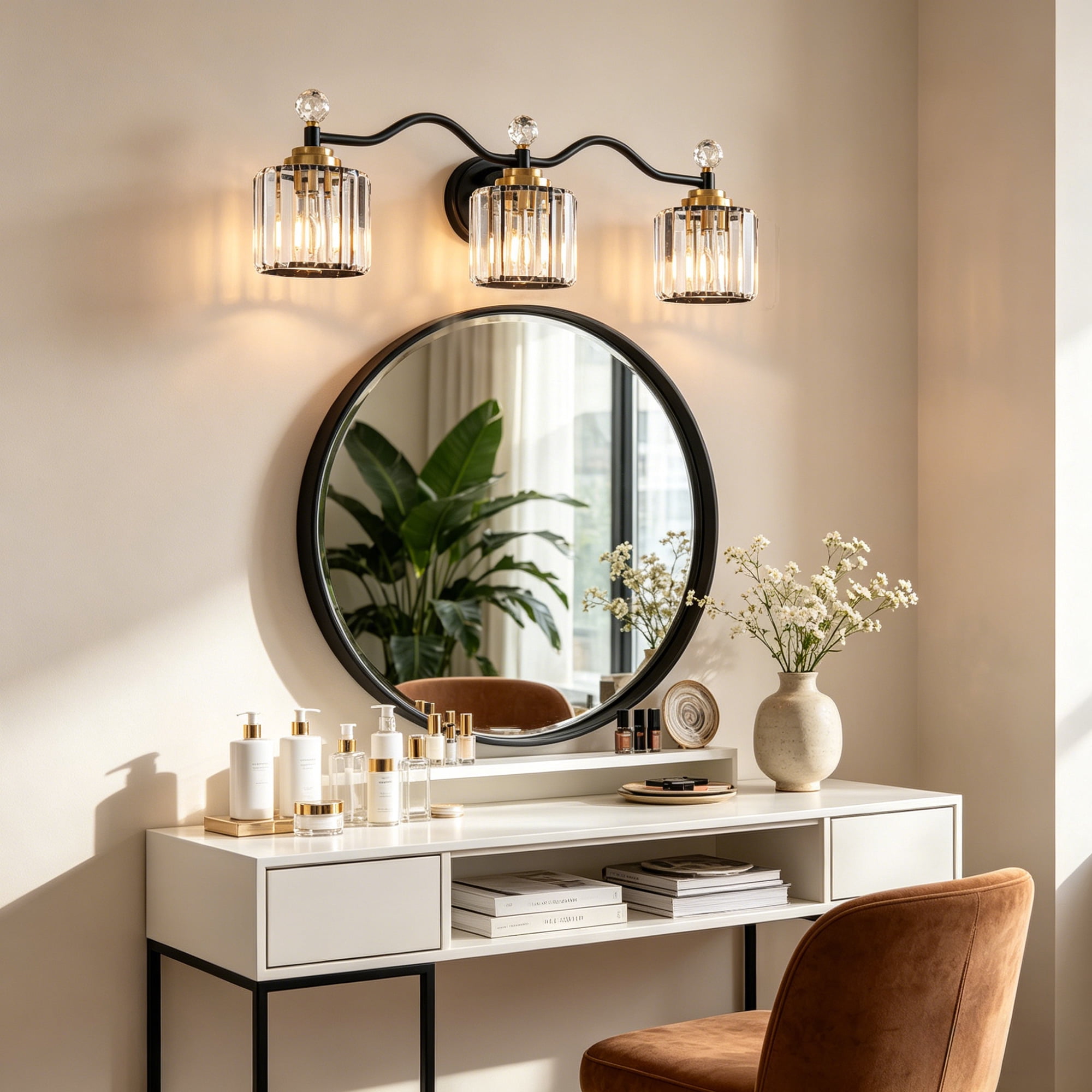 Deyidn 26" Modern 3-Light Black Gold Bathroom Vanity Light - Dimmable Bathroom Transitional Fixture with Crystal Glass Shades