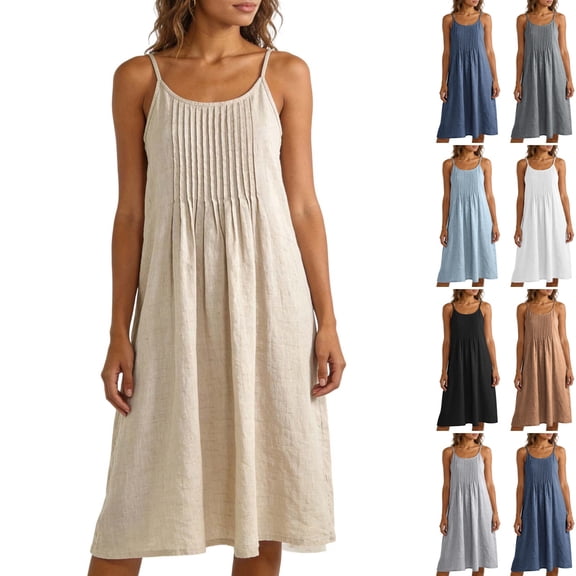 Noric Women's Cotton Spaghetti Strap Midi Dresses Adjustable Summer SunDresses Casual Boho Ruffle Dresses for Beach Vacation Outings