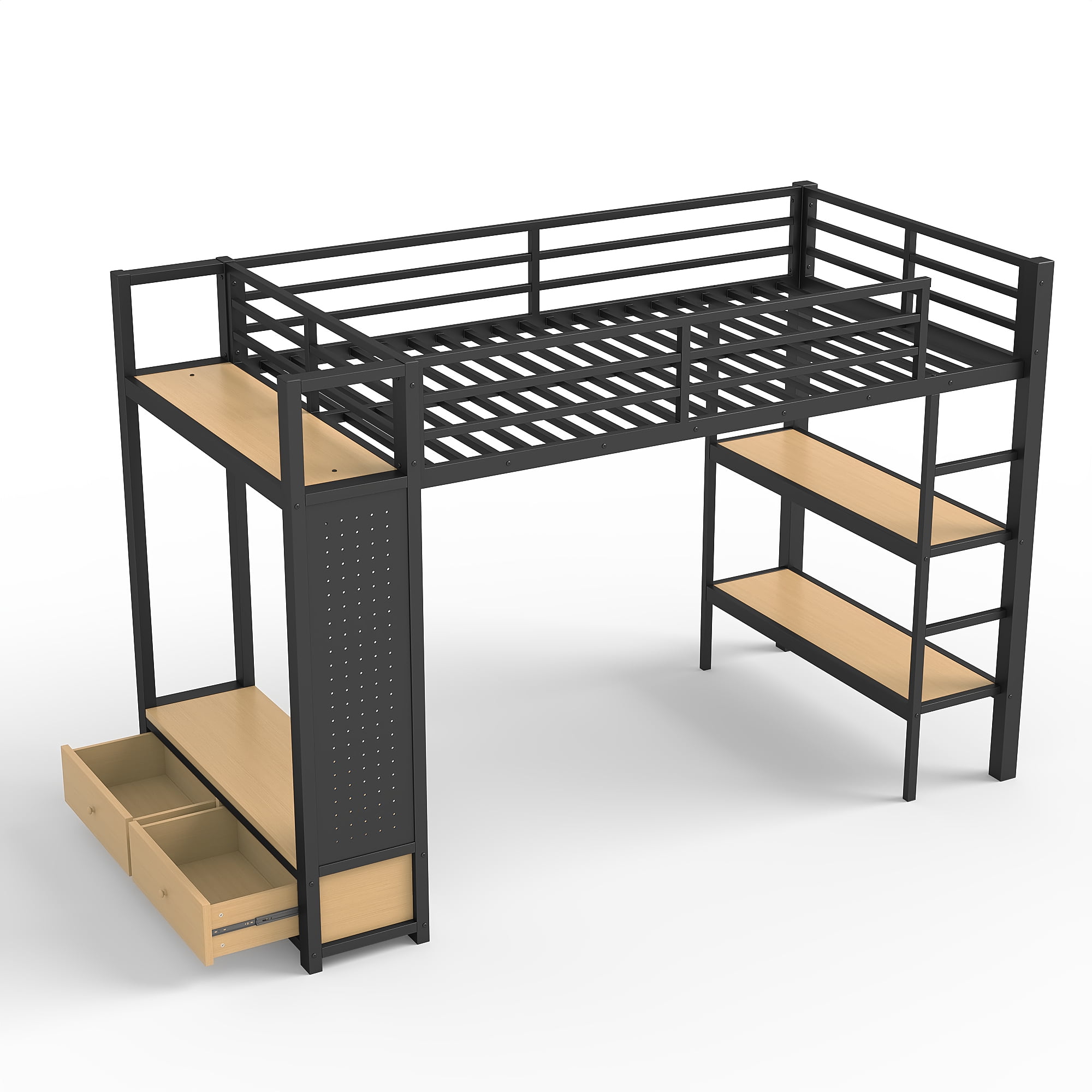 Leumius Twin XL Size Loft Bed with Built-in Wardrobe,Heavy Duty Metal Loft Bed with Storage Shelves and Pegboard,Space-Saving,Black