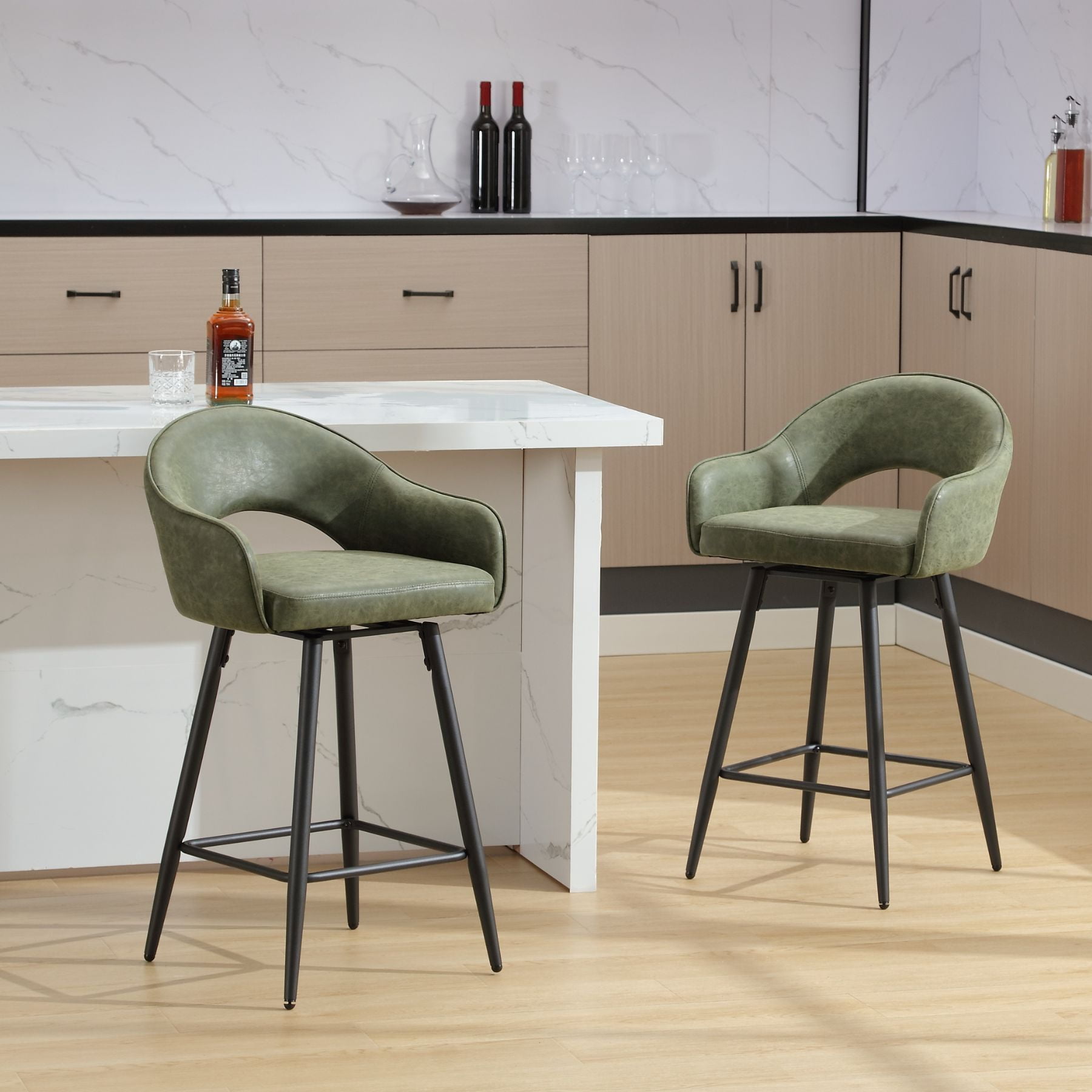 27" Modern Swivel Bar Stools Set of 2, PU Upholstered Counter Height Stools with Metal Legs, Hollow Curved Backrest for Kitchen Island, Home Bar, Bistro, Green