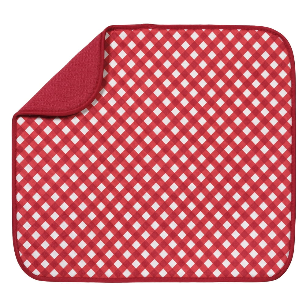 S&T Reversible Microfiber Dish Drying Mat, 16" x 18", Red Gingham