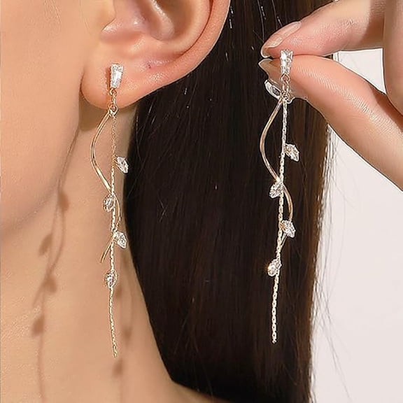 1pcs Long Crystal Linear Drop Earrings for Women Zirconia Threader Tassel Earrings Twist Leaf Rhinestone Dangle Earrings Dainty Wedding Prom Party Jewelry Gifts