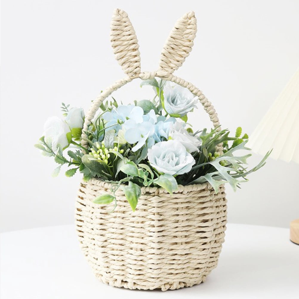 MLINS 3pcs Bunny Woven Basket Easter Party Treats Basket Handheld Woven Storage Basket With Handle