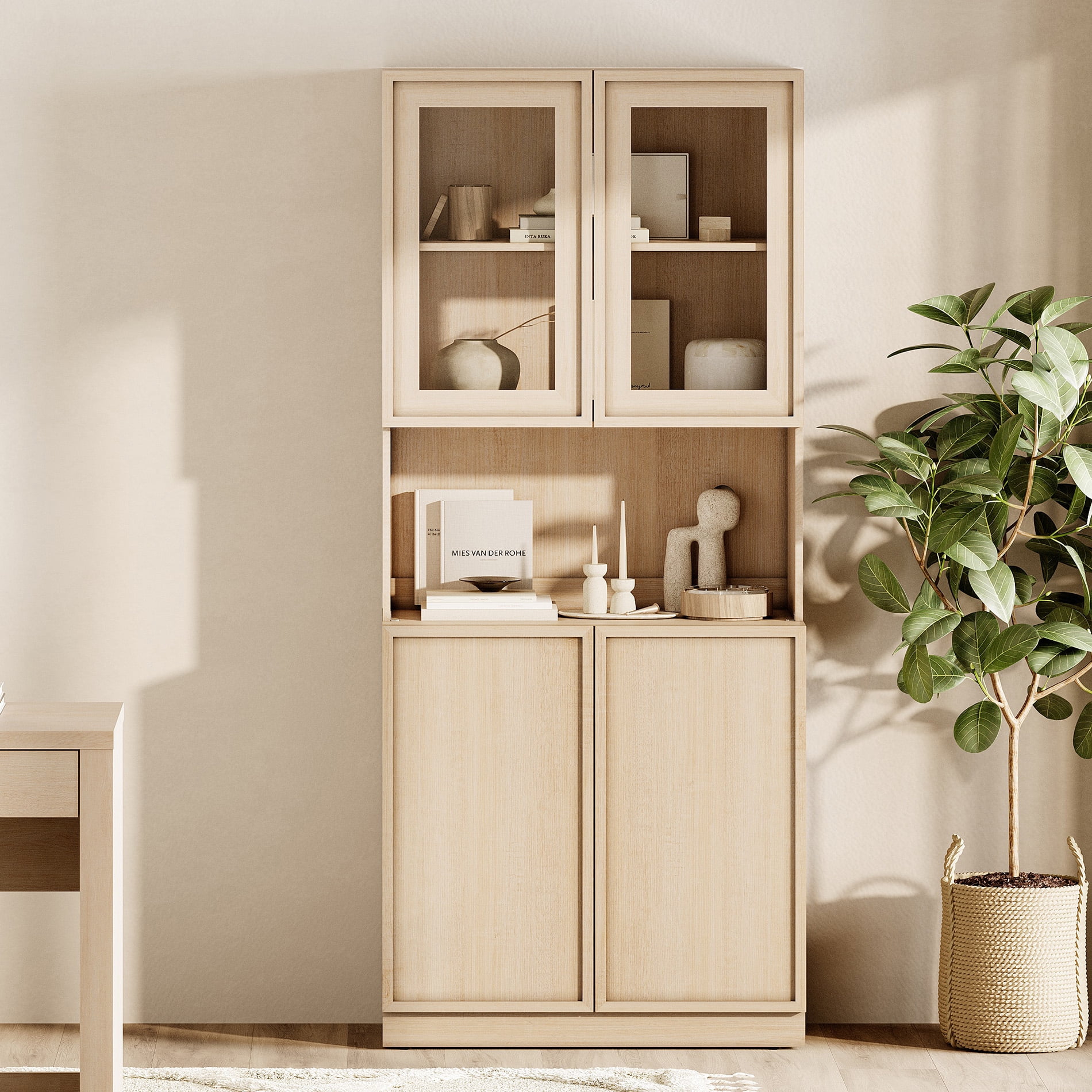 Modern 72" Tall Bookshelf with Glass Doors & Adjustable Shelves, Wood Bookcase with Closed Storage Cabinet,Beige