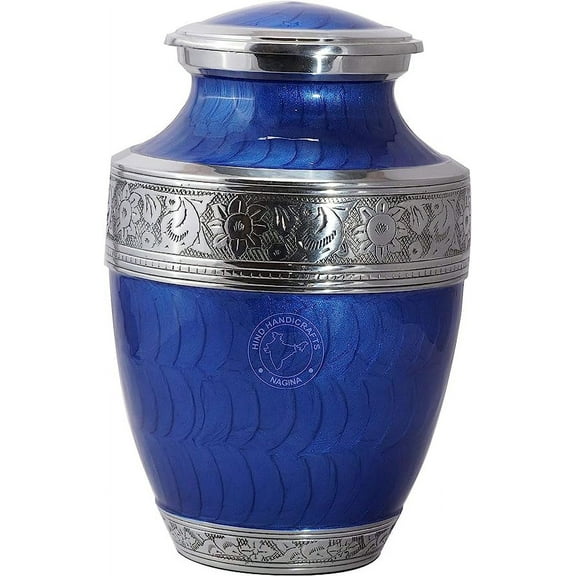 Silver Engraved Cremation Urn for Human Ashes Adult Funeral Urn Handcrafted - Large Burial Urn for Human Ashes - BAG INCLUDED (7" x 7" x 10" - 200 bs or 90 kg, Pearl Blue)