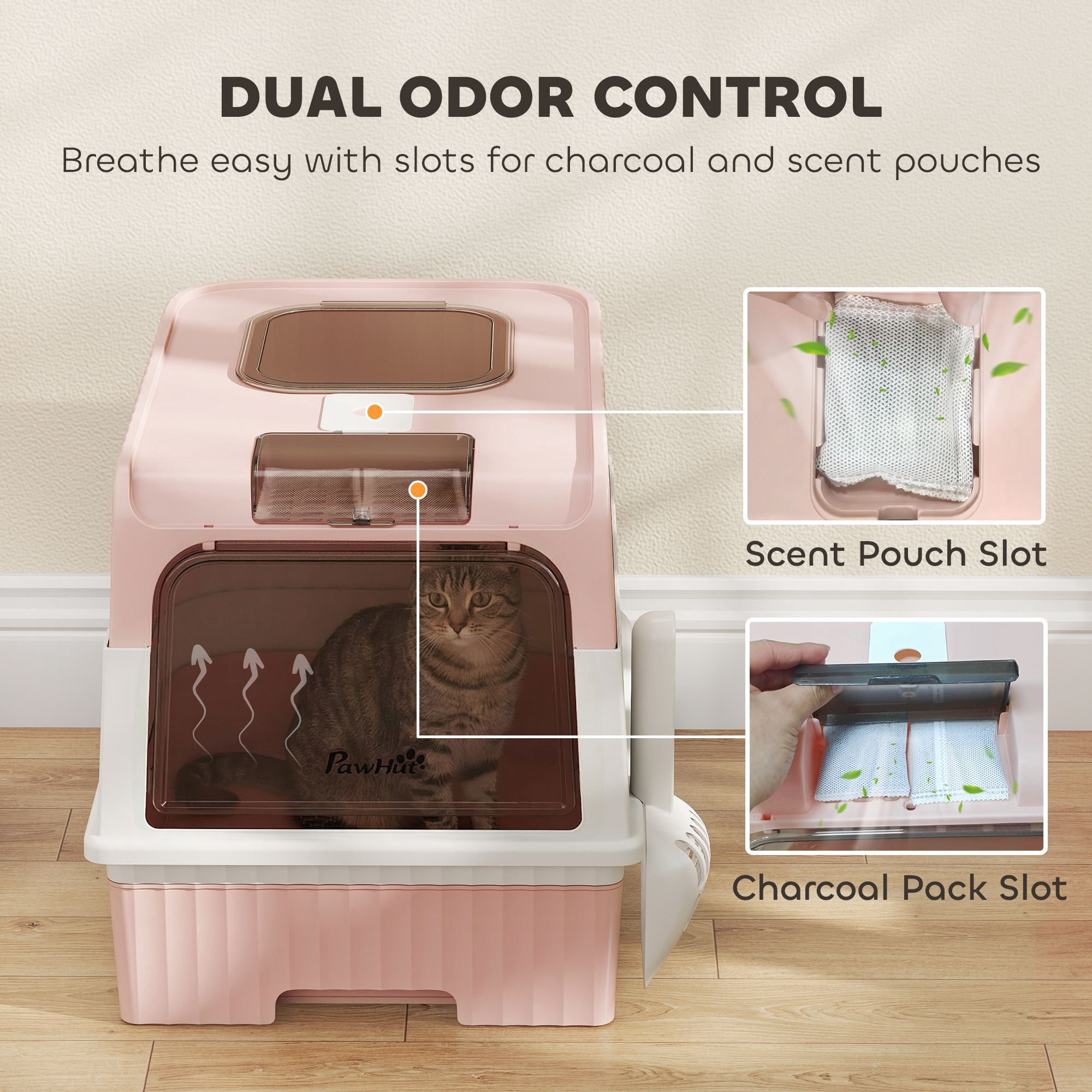 Front Entry Top Exit Enclosed Cat Litter Box with Pull Out Drawer, Litter Tracking Grate, Dual Odor Control Charcoal Slots, Includes Scoop for Cats Up to 9lbs