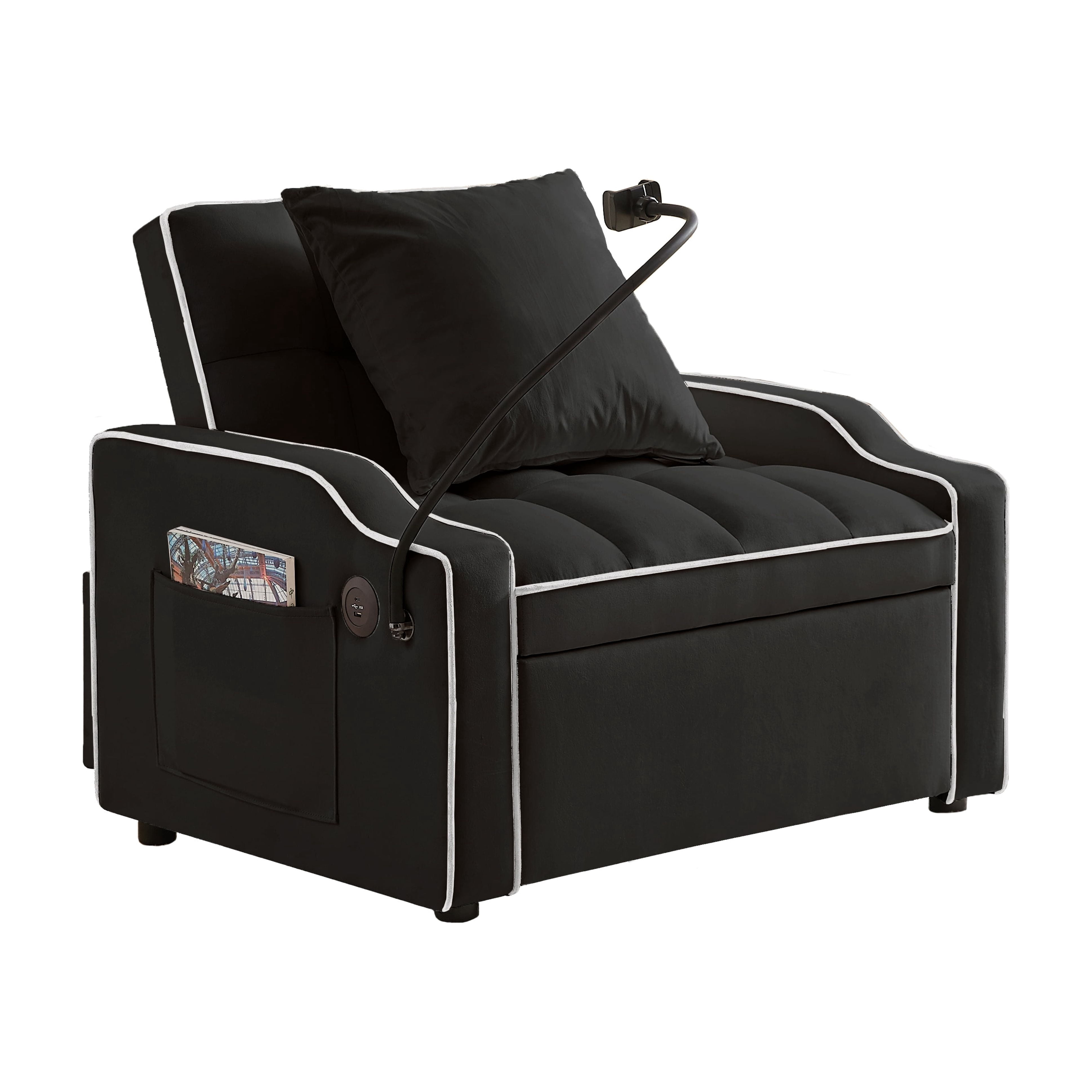 Leumius Convertible Sofa Chair Bed,3-in-1 Sleeper Sofa with Pull-Out Bed,Modern Velvet Single Sofa Chair with Reclining Backrest and Wide Armrest for Living Room Small Space,Black