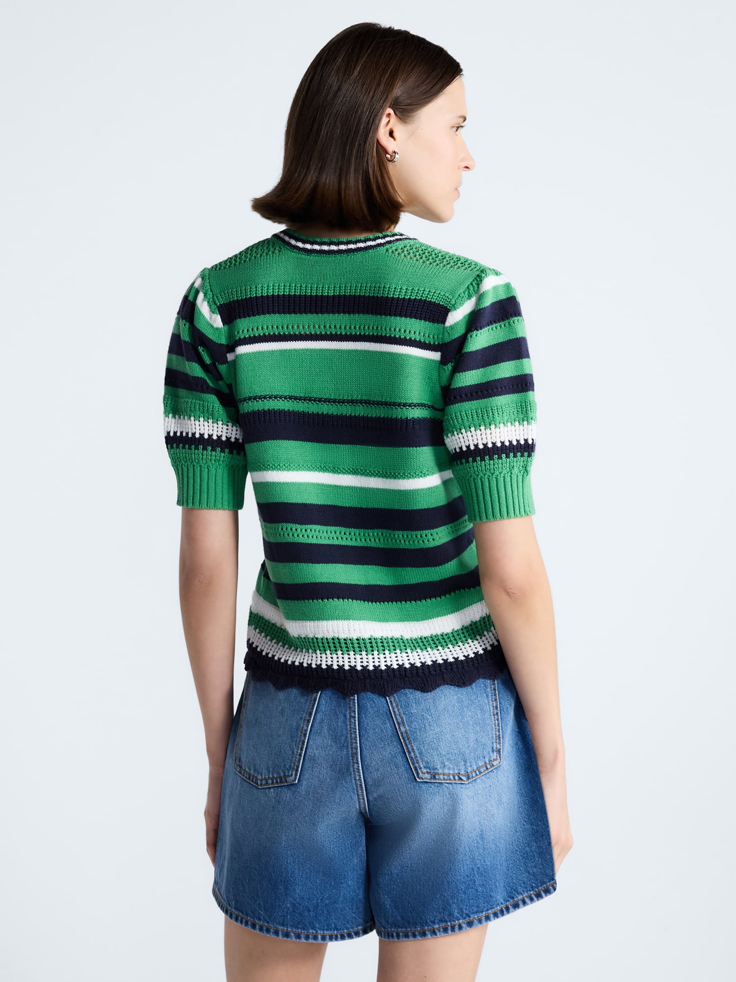 Free Assembly Women's Textured Stripe Cardigan Sweater with Short Puff Sleeves, Lightweight, Sizes XS-XXL
