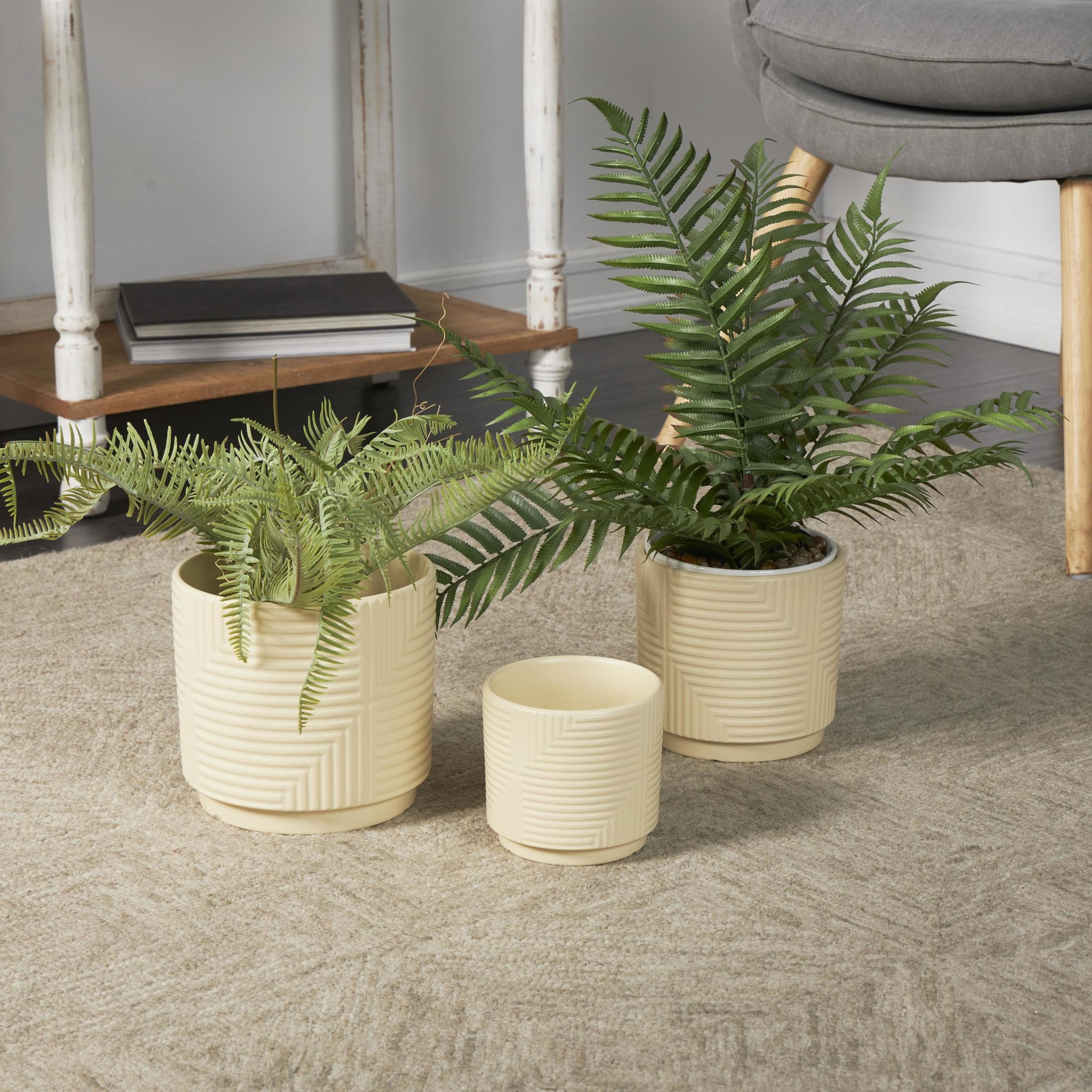 DecMode 7", 6", 5"W Cream Ceramic Geometric Planter with Layered Square Shaped Grooves (3 Count)