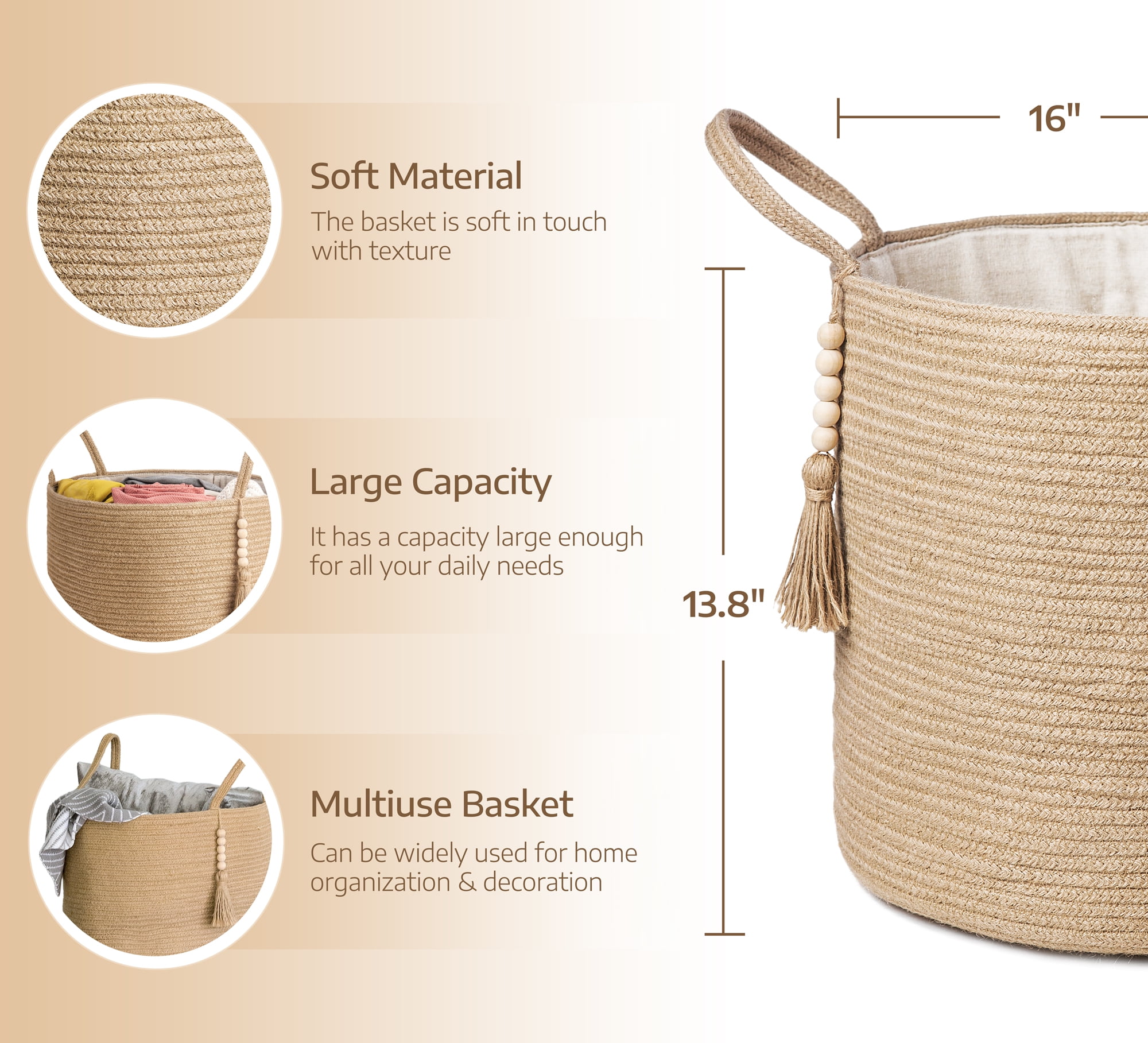 Mkono Woven Storage Basket with Decorative Bead Organizer Bin with Handles for Blankets Toys Clothes 15"W x 17.7"L, Brown