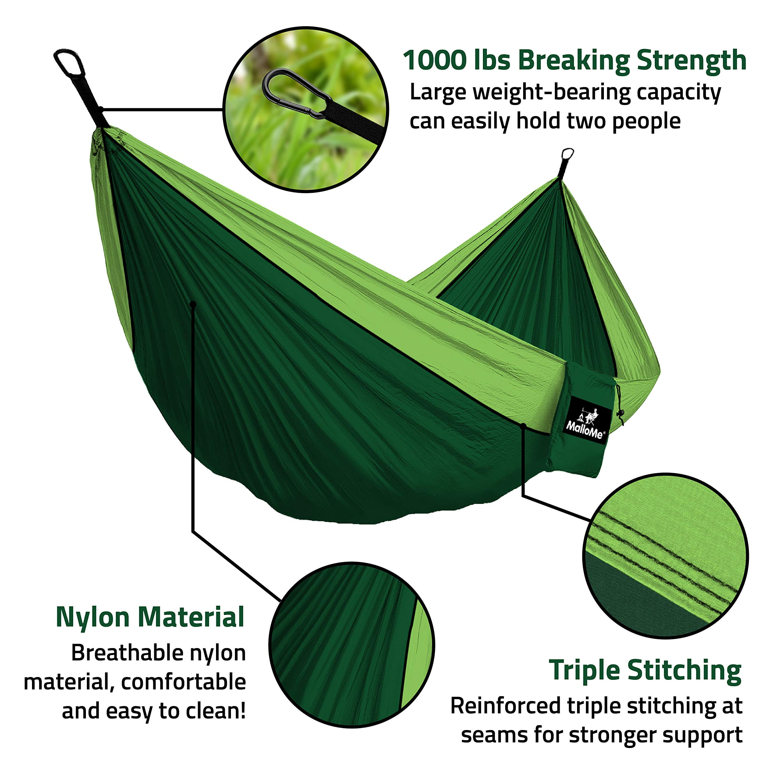 Outdoor Indoor 2 Person Beach Accessories Two Carabiners Free MalloMe Hammock Camping Portable Double Tree Hammocks Backpacking Travel Equipment Kids Max 1000 lbs Breaking Capacity 