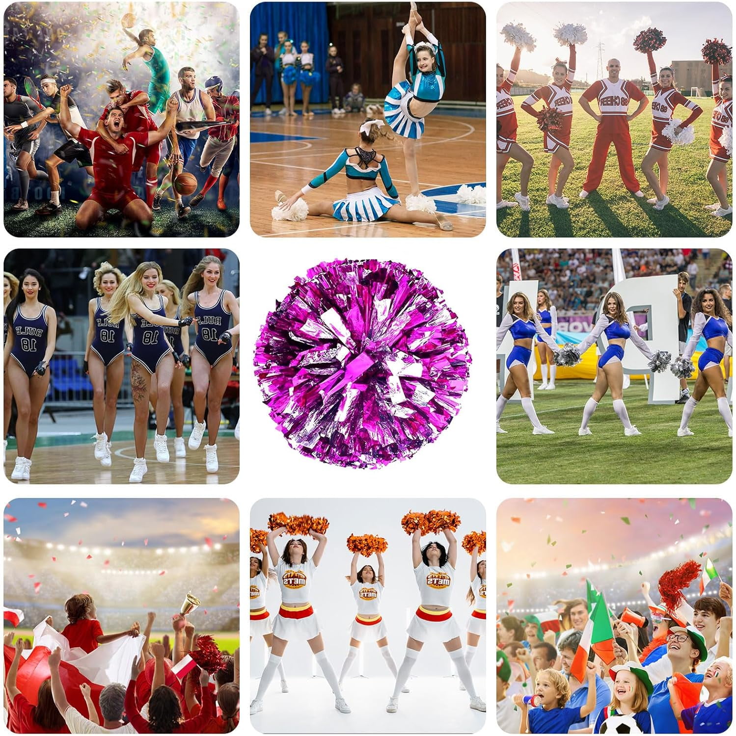 Cheerleader Pom Poms 12 Pack Sports Dance Cheering Plastic Metallic Cheerleading Pom Poms for Kids Adults