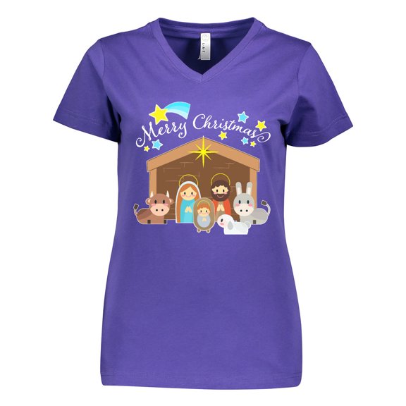 Inktastic Merry Christmas Cute Nativity Scene Women's V-Neck T-Shirt