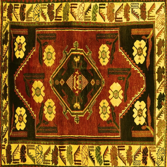 Ahgly Company Machine Washable Indoor Square Persian Yellow Traditional Area Rugs, 5' Square