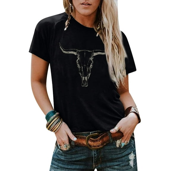 MOUSYA Boho Cow Skull Shirt Women Cowgirl T-Shirt Vintage Western Rodeo Graphic Tee Short Sleeve Bull Skull Casual Top