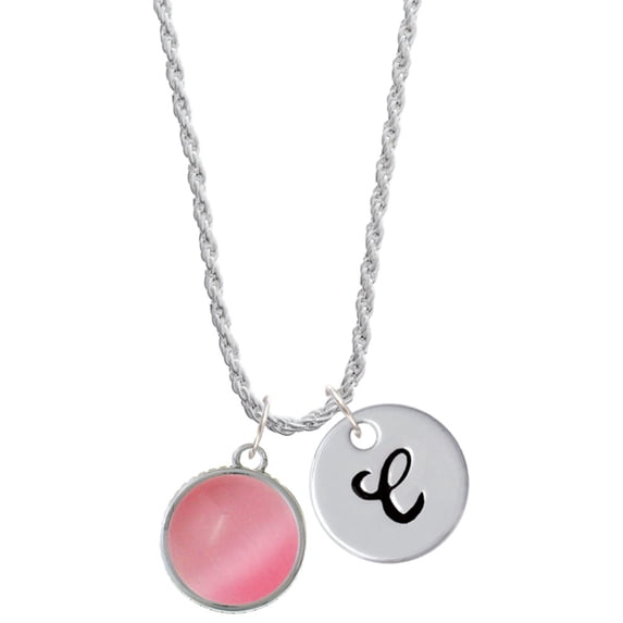 Delight Jewelry Silvertone Round - Imitation Cat's Eye - Pink - Silvertone Script Initial Disc - C - Charm Necklace, 20"+3"