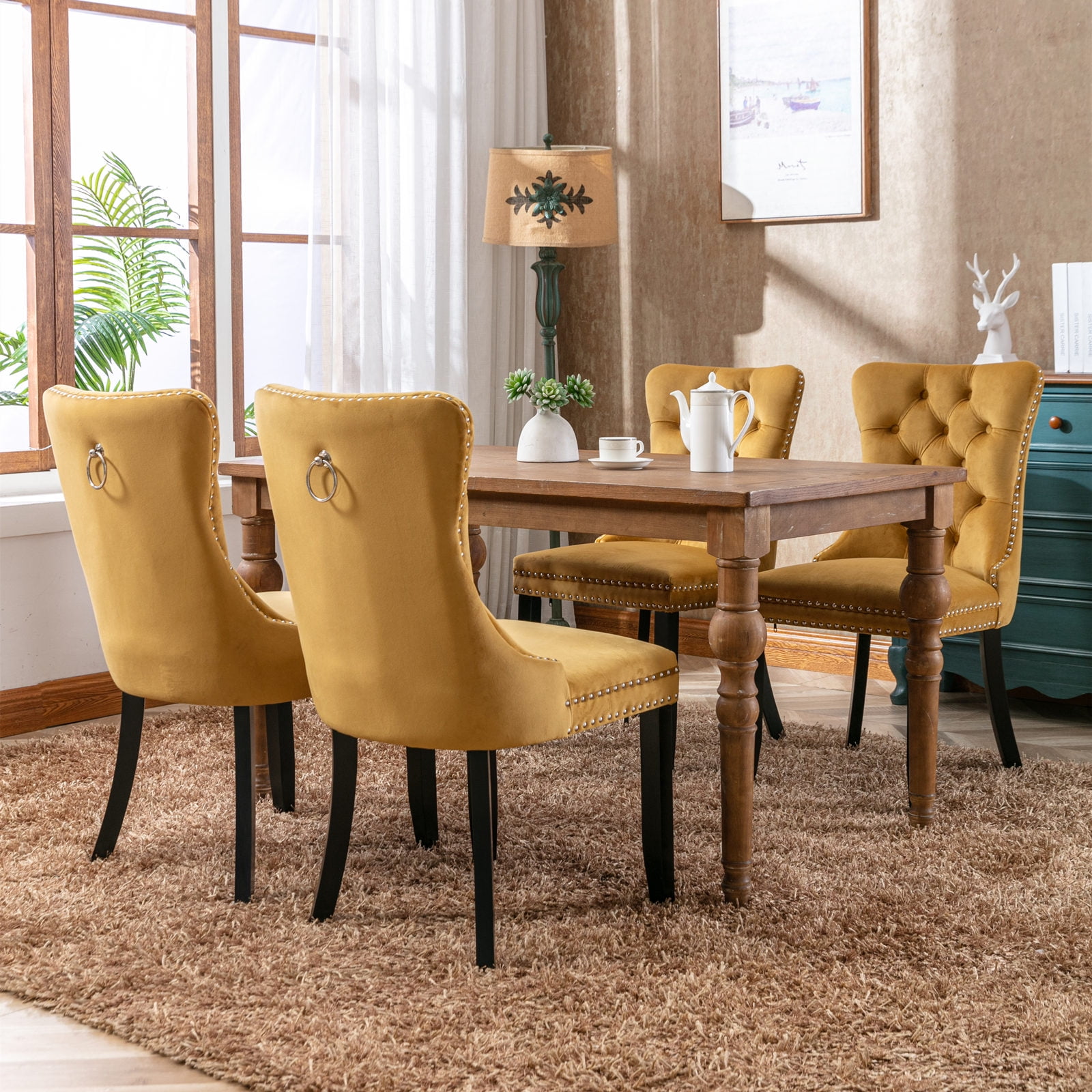 Gewnee 2-Pcs Set High-End Tufted Solid Wood Contemporary Velvet Upholstered Dining Chair with Wood Legs Nailhead Trim