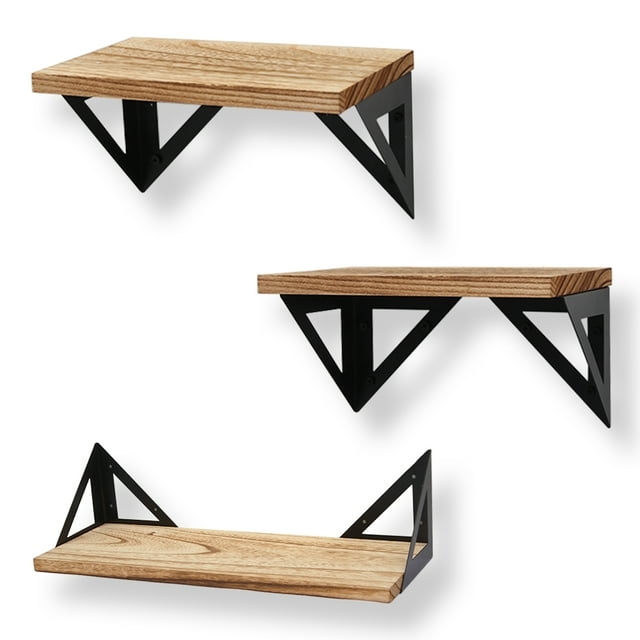 ABUKY Rustic Wood Wall Shelves Set of 3,Floating Shelves Wall Mounted with Metal Bracket, Wall Mounted Farmhouse Shelves for Living Room, Kitchen, Bedroom and Bathroom