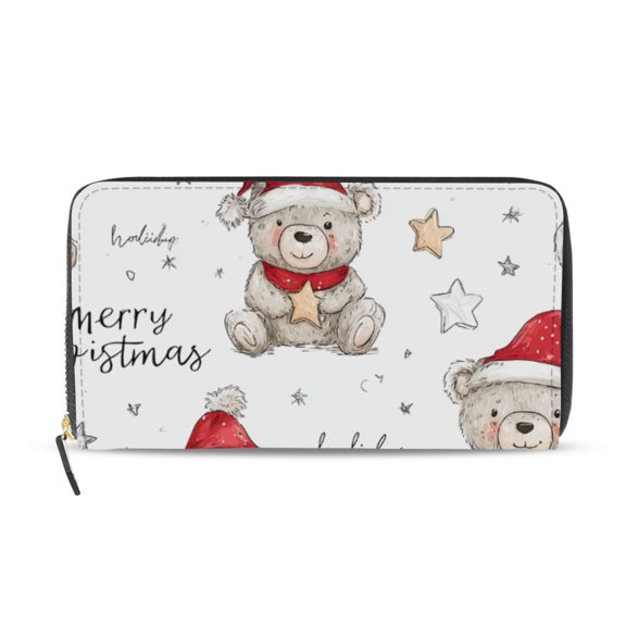 Cute Bears Holding Stars Merry Christmas Women's Long Zipper Wallet Bifold Clutch Purse PU Leather Card Cases