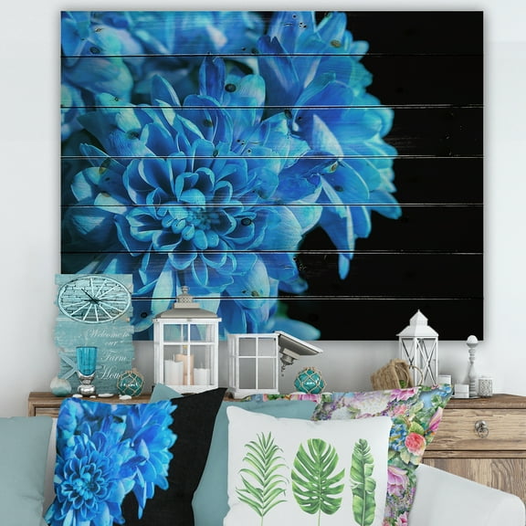 Designart 'Detail of Blue Flowers On Black Background I' Traditional Print on Natural Pine Wood
