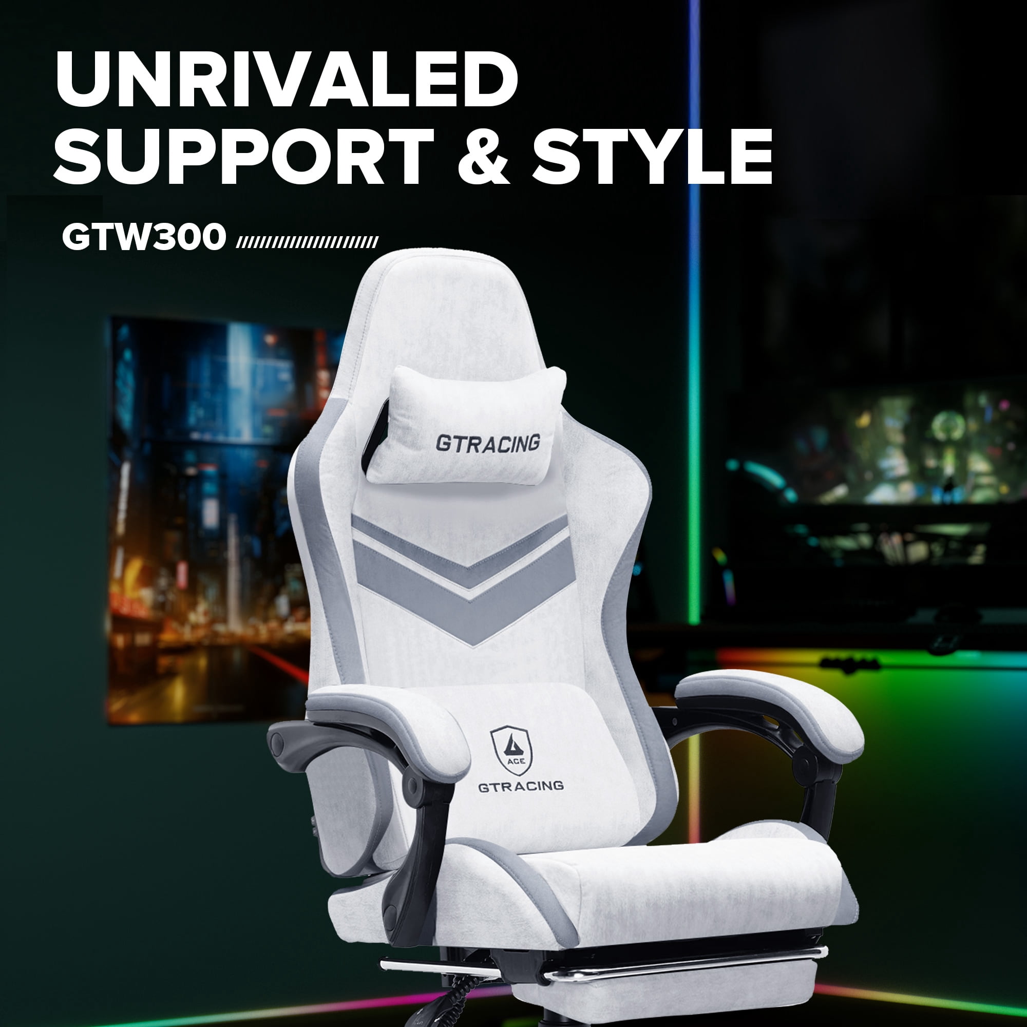 GTRACING GTW-300 Ergonomic Adjustable Height Reclining Fabric Gaming Chair , White/Gray
