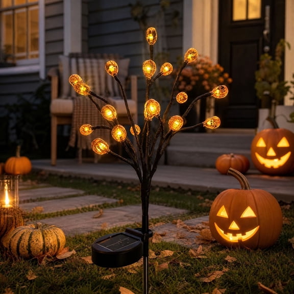 sruoe Halloween Solar Pumpkin Branch Stake Light, Halloween Decor, Waterproof LED Ground Lamp for Yard, Garden, Patio Layout