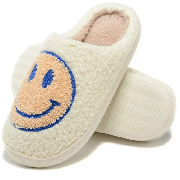 Pantoufles Rétro Visage Pelucheux pour Femmes Hommes, Rétro Doux Moelleux Chaud Maison Antidérapant Style Couple Décontracté Souriant Pantoufles Visage Intérieur Extérieur Antidérapant Chaud Confortable Mousse Mules avec Mousse Mémoire Douce Chaussures